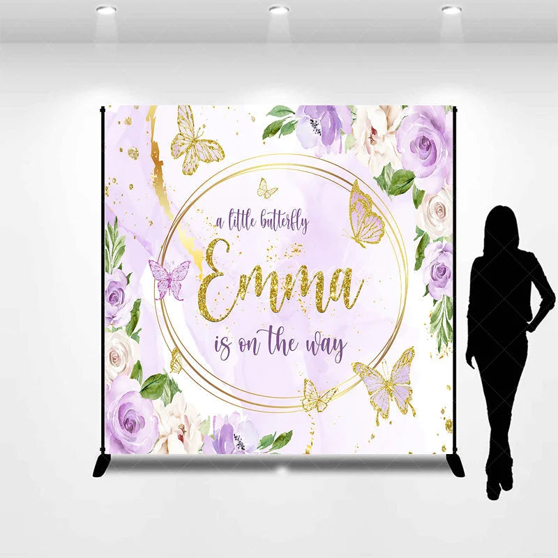 Lofaris Personalized A Little Butterfly is on the Way Backdrop Purple Floral with Gold Custom Name Girl Baby Shower