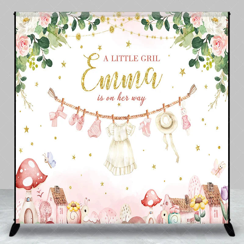 Lofaris Personalized A Little Girl is on Her Way Backdrop Pink Floral Clothesline Custom Name Baby Shower Decor