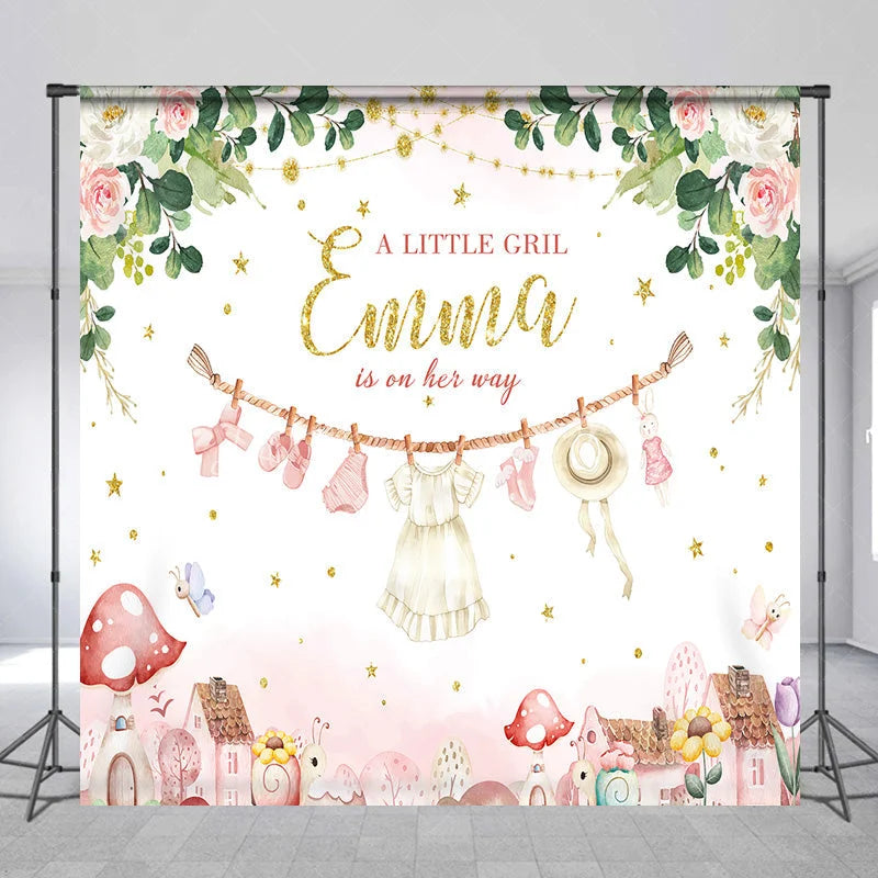 Lofaris Personalized A Little Girl is on Her Way Backdrop Pink Floral Clothesline Custom Name Baby Shower Decor