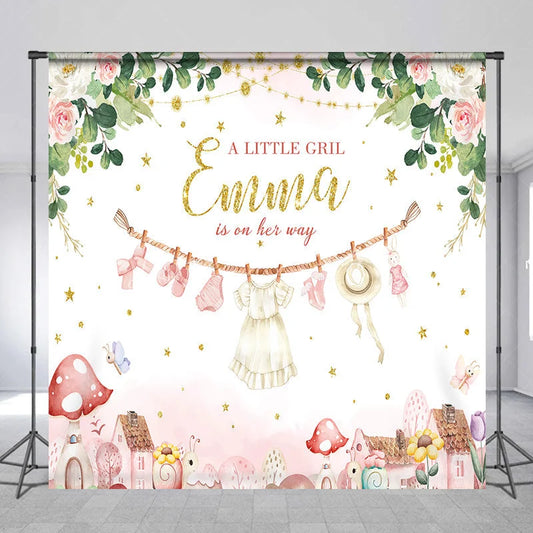 Lofaris Personalized A Little Girl is on Her Way Backdrop Pink Floral Clothesline Custom Name Baby Shower Decor