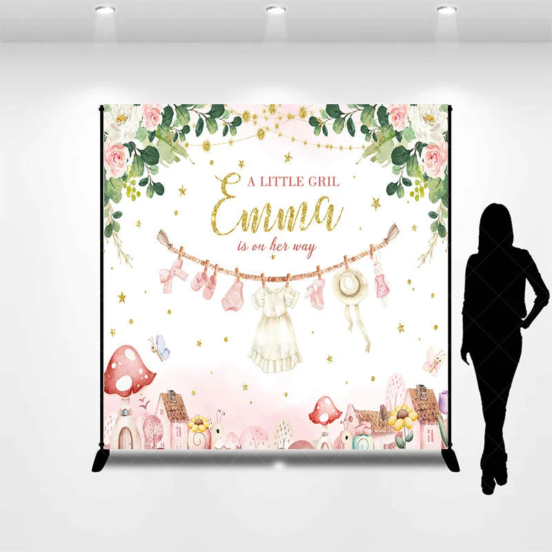 Lofaris Personalized A Little Girl is on Her Way Backdrop Pink Floral Clothesline Custom Name Baby Shower Decor