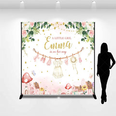 Lofaris Personalized A Little Girl is on Her Way Backdrop Pink Floral Clothesline Custom Name Baby Shower Decor