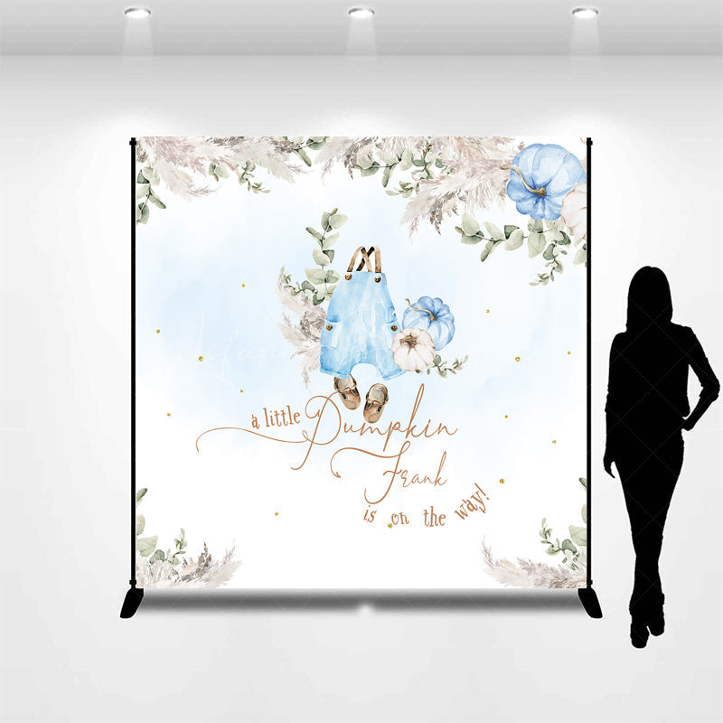 Lofaris Personalized A Little Pumpkin Baby Shower Backdrop Boho Pampas Grass and Blue Overalls Theme Custom Name Decor for Boy