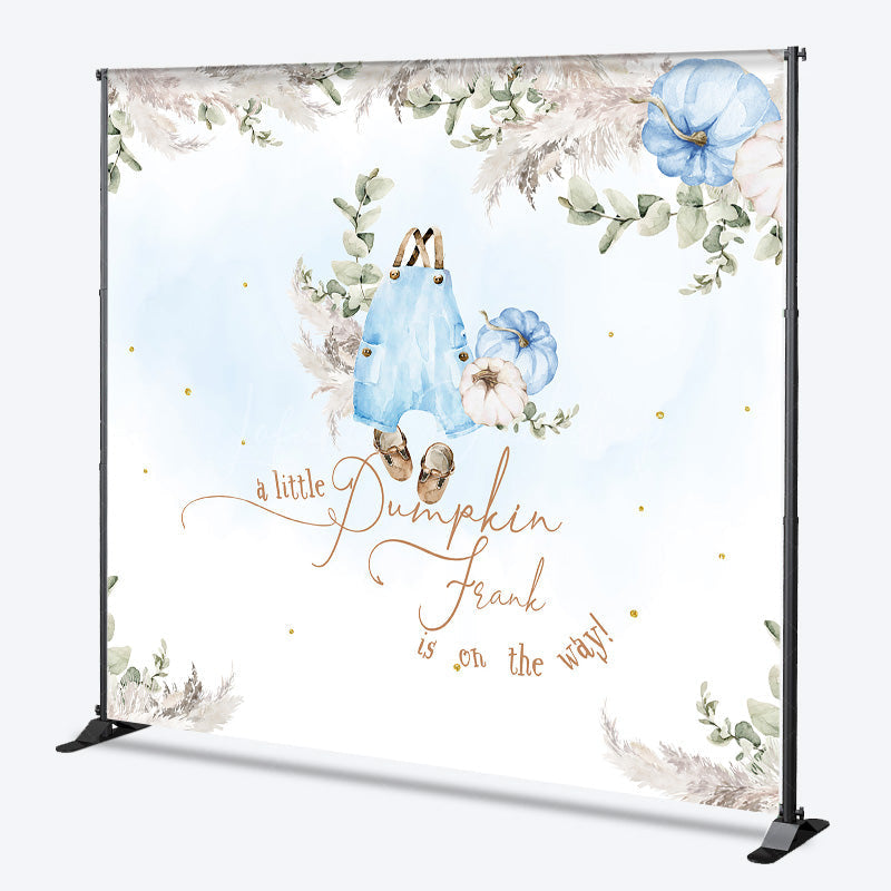 Lofaris Personalized A Little Pumpkin Baby Shower Backdrop Boho Pampas Grass and Blue Overalls Theme Custom Name Decor for Boy