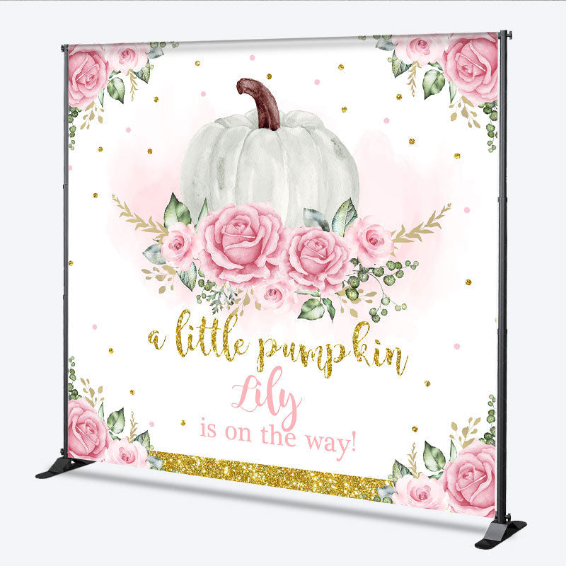 Lofaris Personalized A Little Pumpkin is on the Way Backdrop Pink Floral and Gold Custom Name Girl Baby Shower Decor