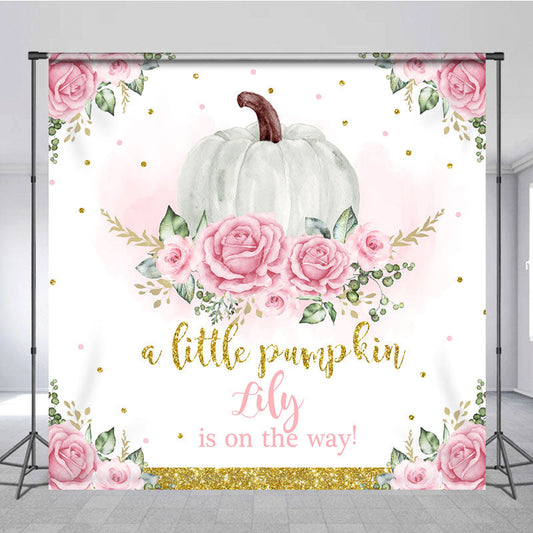 Lofaris Personalized A Little Pumpkin is on the Way Backdrop Pink Floral and Gold Custom Name Girl Baby Shower Decor
