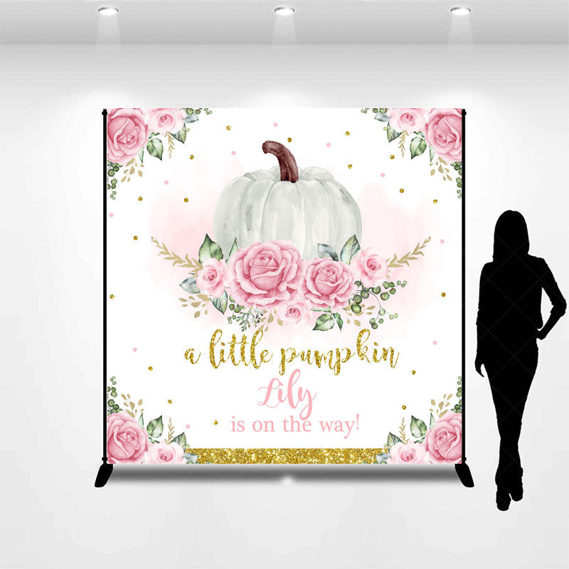 Lofaris Personalized A Little Pumpkin is on the Way Backdrop Pink Floral and Gold Custom Name Girl Baby Shower Decor