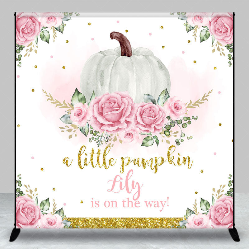 Lofaris Personalized A Little Pumpkin is on the Way Backdrop Pink Floral and Gold Custom Name Girl Baby Shower Decor