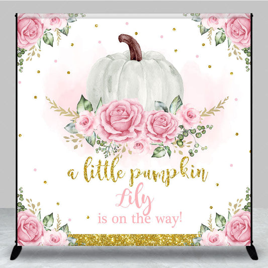 Lofaris Personalized A Little Pumpkin is on the Way Backdrop Pink Floral and Gold Custom Name Girl Baby Shower Decor