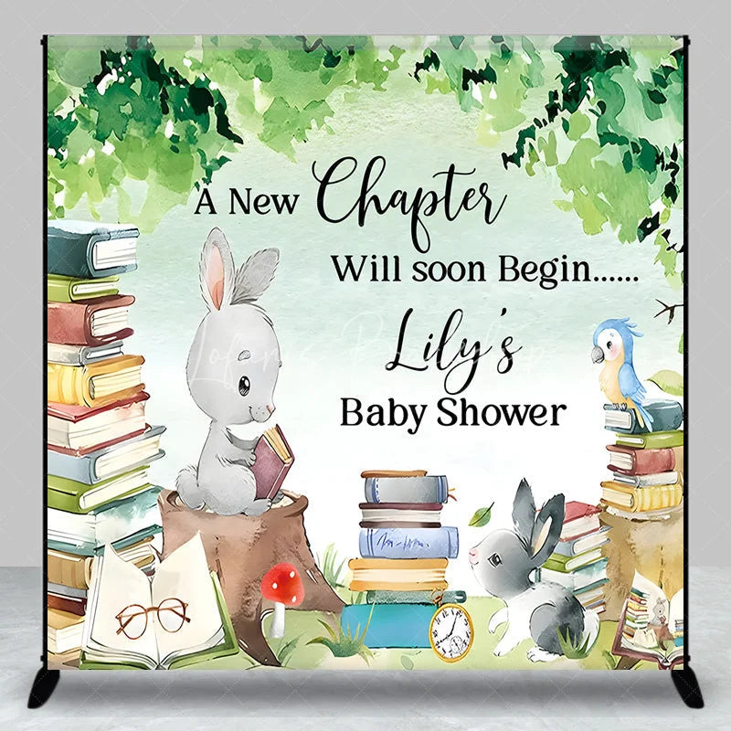 Lofaris Personalized A New Chapter Baby Shower Backdrop Storybook Theme Bunny and Books Party Decor