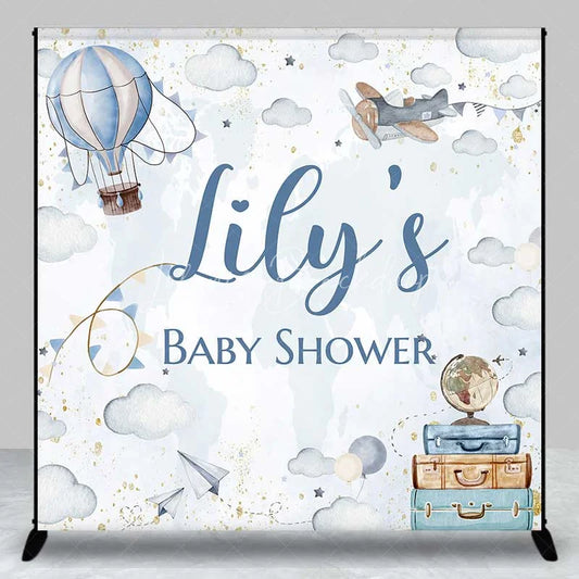 Lofaris Personalized Adventure Awaits Baby Shower Backdrop Hot Air Balloon and Airplane World Map Party Decoration