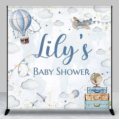 Lofaris Personalized Adventure Awaits Baby Shower Backdrop Hot Air Balloon and Airplane World Map Party Decoration