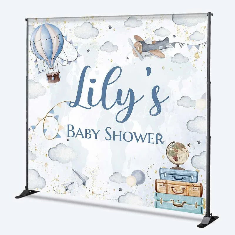 Lofaris Personalized Adventure Awaits Baby Shower Backdrop Hot Air Balloon and Airplane World Map Party Decoration