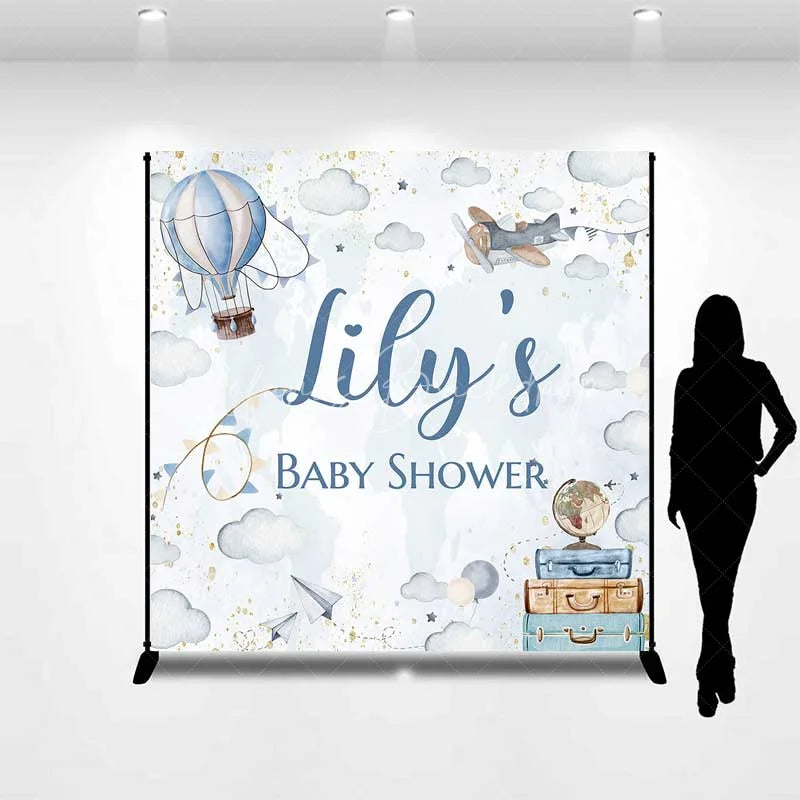 Lofaris Personalized Adventure Awaits Baby Shower Backdrop Hot Air Balloon and Airplane World Map Party Decoration