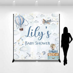 Lofaris Personalized Adventure Awaits Baby Shower Backdrop Hot Air Balloon and Airplane World Map Party Decoration