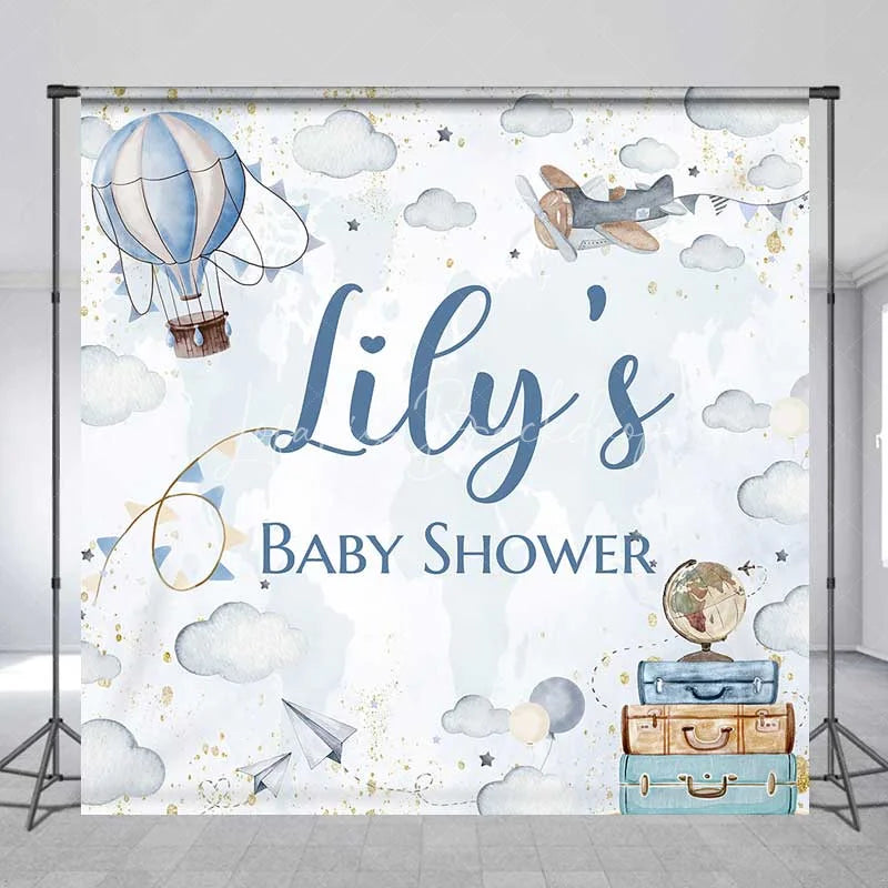 Lofaris Personalized Adventure Awaits Baby Shower Backdrop Hot Air Balloon and Airplane World Map Party Decoration