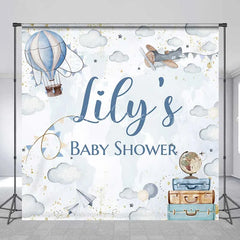 Lofaris Personalized Adventure Awaits Baby Shower Backdrop Hot Air Balloon and Airplane World Map Party Decoration