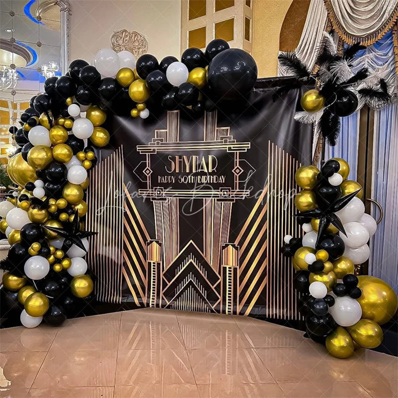 Lofaris Personalized Art Deco Gold 50th Birthday Backdrop Custom Name Gatsby Style Party Banner