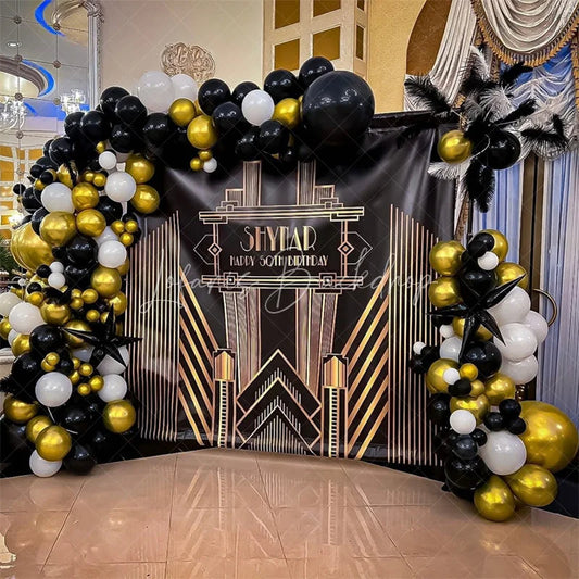 Lofaris Personalized Art Deco Gold 50th Birthday Backdrop Custom Name Gatsby Style Party Banner