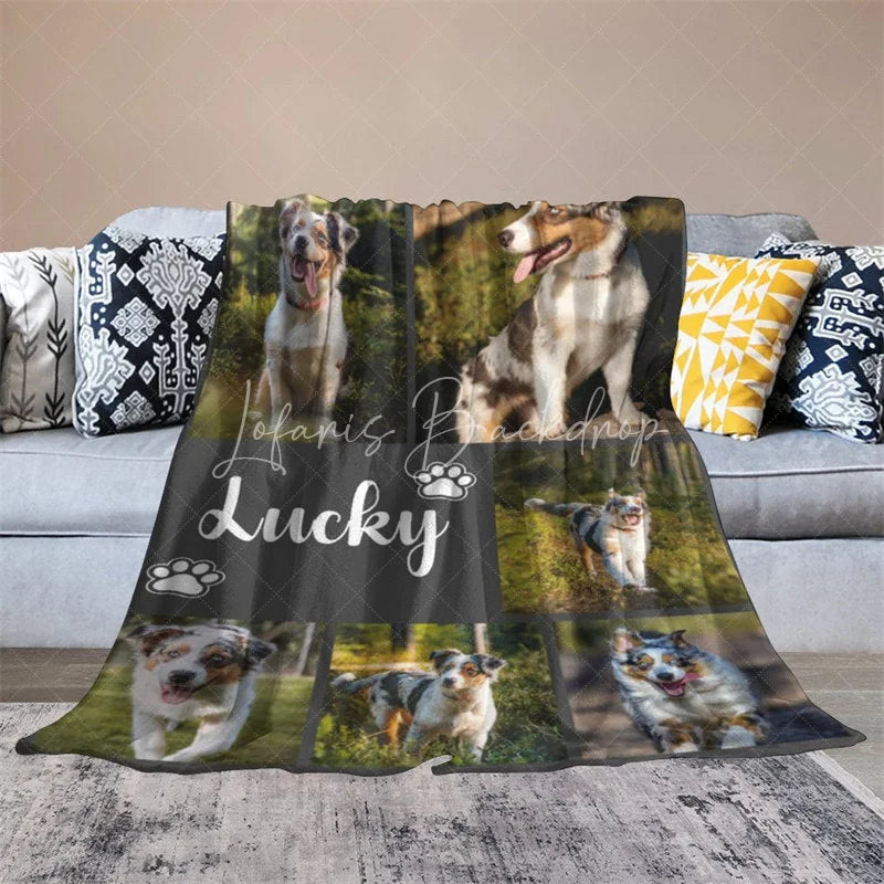 Lofaris Personalized Australian Shepherd Blanket with Custom Name Photo Collage Memorial Gift for Dog Lovers
