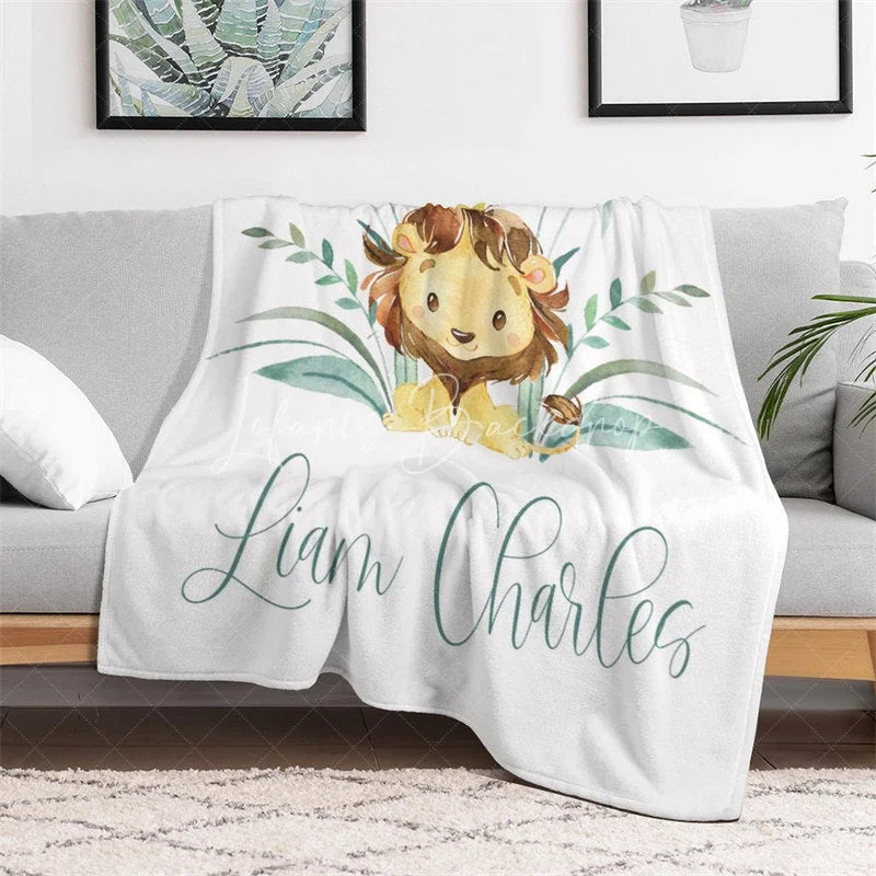 Lofaris Personalized Baby Blanket for Boy Custom Lion King of Jungle Safari Animal Nursery Decor Swaddle