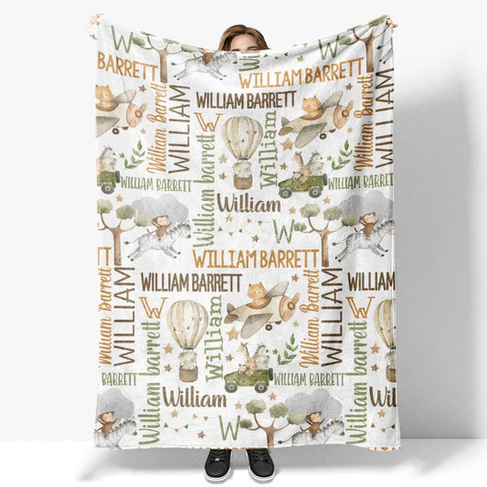 Lofaris Personalized Baby Blanket for Boy Custom Safari Animals Travel Hot Air Balloon Plane Nursery Decor