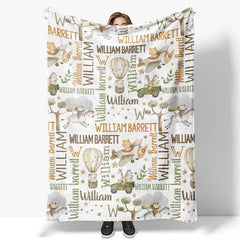 Lofaris Personalized Baby Blanket for Boy Custom Safari Animals Travel Hot Air Balloon Plane Nursery Decor