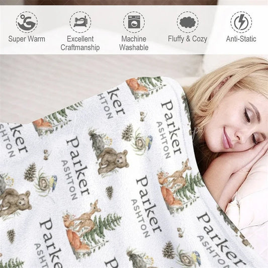 Lofaris Personalized Baby Blanket for Boy Custom Woodland Animals Deer Bear Forest Theme Nursery Decor Swaddle