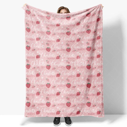 Lofaris Personalized Baby Blanket for Girl Custom Pink Strawberry Fruit Pattern Sweet Summer Nursery Decor