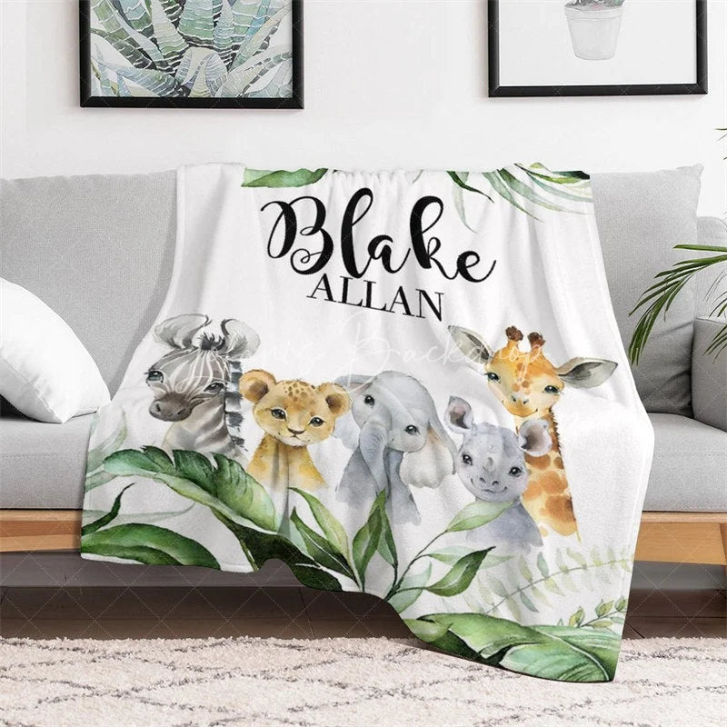 Lofaris Personalized Baby Blanket Jungle Safari Custom Name Green Leaves Animals Swaddle Newborn Boy Nursery Decor