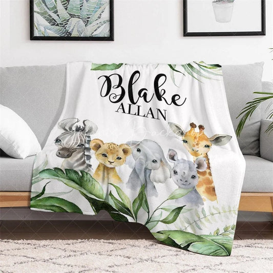 Lofaris Personalized Baby Blanket Jungle Safari Custom Name Green Leaves Animals Swaddle Newborn Boy Nursery Decor