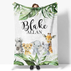 Lofaris Personalized Baby Blanket Jungle Safari Custom Name Green Leaves Animals Swaddle Newborn Boy Nursery Decor