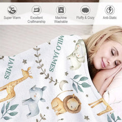 Lofaris Personalized Baby Blanket Safari Animals Custom Name Jungle Lion Giraffe Pattern Throw Boy Shower Gift