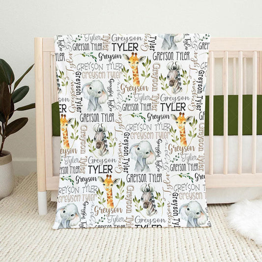 Lofaris Personalized Baby Boy Safari Animal Name Blanket