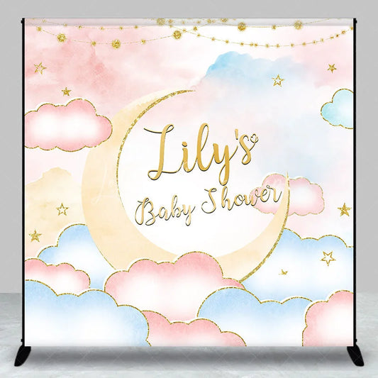 Lofaris Personalized Baby Shower Custom Backdrop Dreamy Pastel Pink and Blue with Gold Glitter Moon Stars