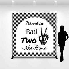Lofaris Personalized Bad Two the Bone 2nd Birthday Backdrop Skeleton Hand and Checkered Pattern Background Custom Name Party Decor