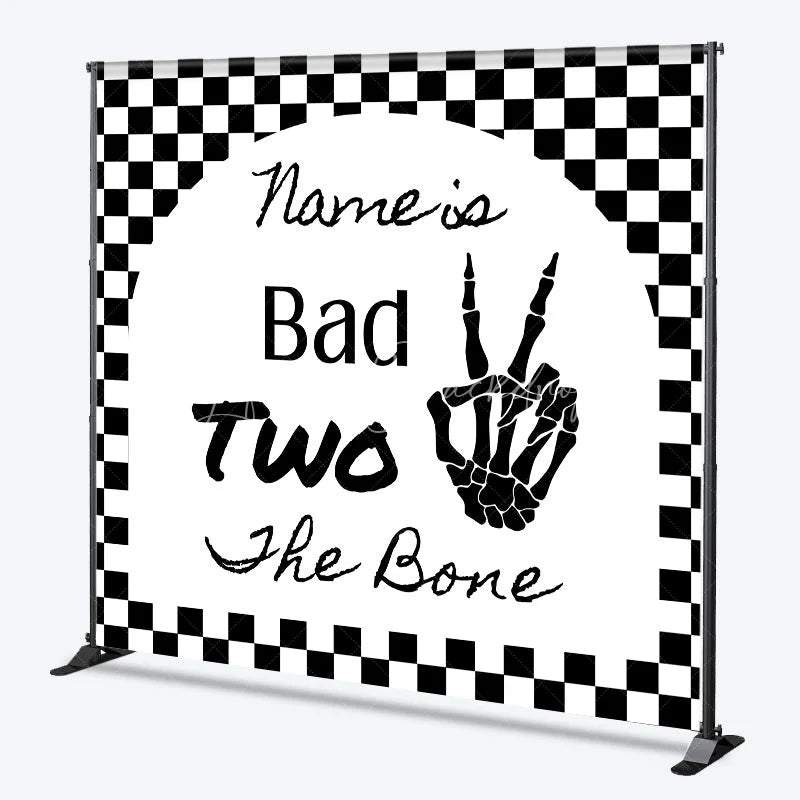 Lofaris Personalized Bad Two the Bone 2nd Birthday Backdrop Skeleton Hand and Checkered Pattern Background Custom Name Party Decor