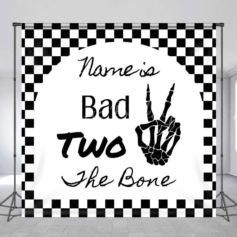 Lofaris Personalized Bad Two the Bone 2nd Birthday Backdrop Skeleton Hand and Checkered Pattern Background Custom Name Party Decor
