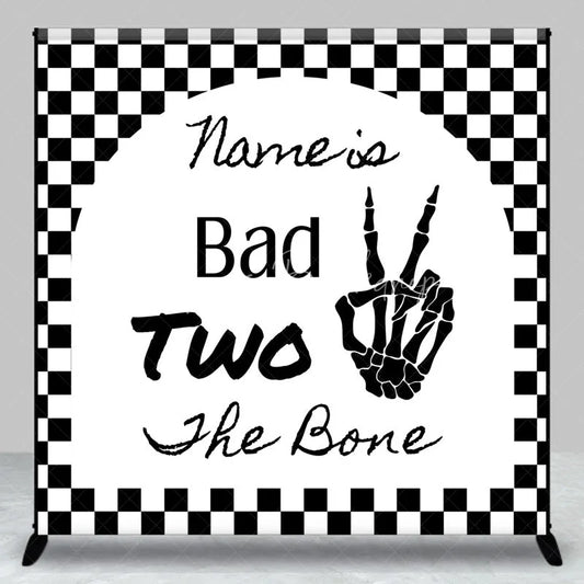 Lofaris Personalized Bad Two the Bone 2nd Birthday Backdrop Skeleton Hand and Checkered Pattern Background Custom Name Party Decor