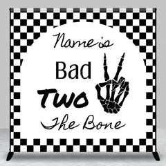 Lofaris Personalized Bad Two the Bone 2nd Birthday Backdrop Skeleton Hand and Checkered Pattern Background Custom Name Party Decor