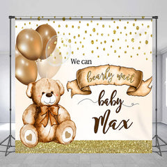 Lofaris Personalized Bearly Wait Baby Shower Backdrop Cute Teddy Bear and Gold Balloons Background Custom Name Nursery Decor