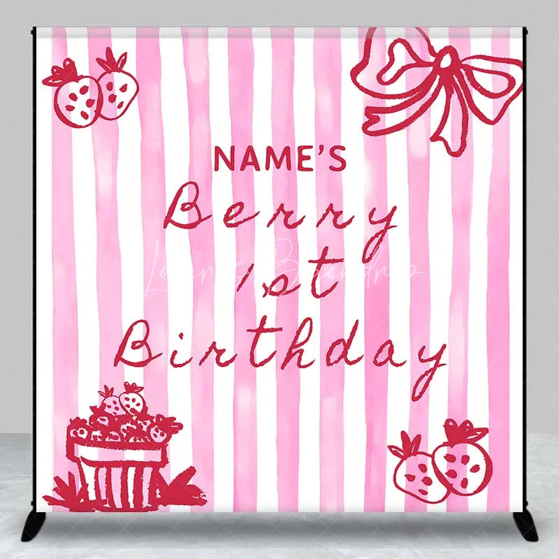 Lofaris Personalized Berry 1st Birthday Backdrop Pink Strawberry and Stripes Sweet One Party Decoration