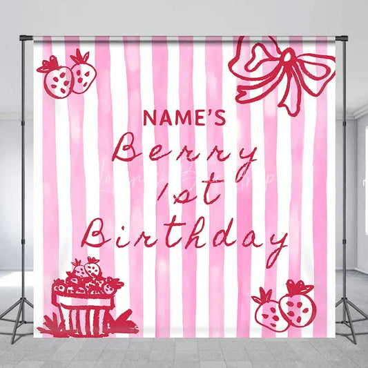 Lofaris Personalized Berry 1st Birthday Backdrop Pink Strawberry and Stripes Sweet One Party Decoration