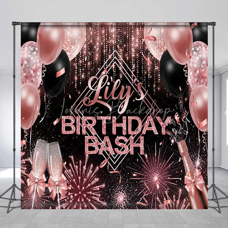 Lofaris Personalized Birthday Bash Backdrop Rose Gold Champagne and Balloons Background Custom Name Glamour Party Decor