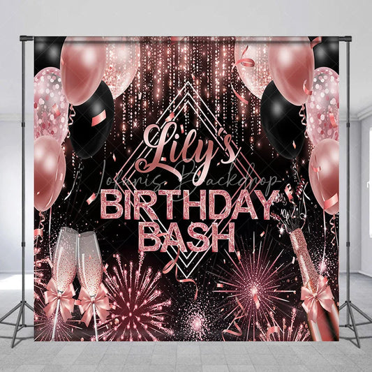 Lofaris Personalized Birthday Bash Backdrop Rose Gold Champagne and Balloons Background Custom Name Glamour Party Decor
