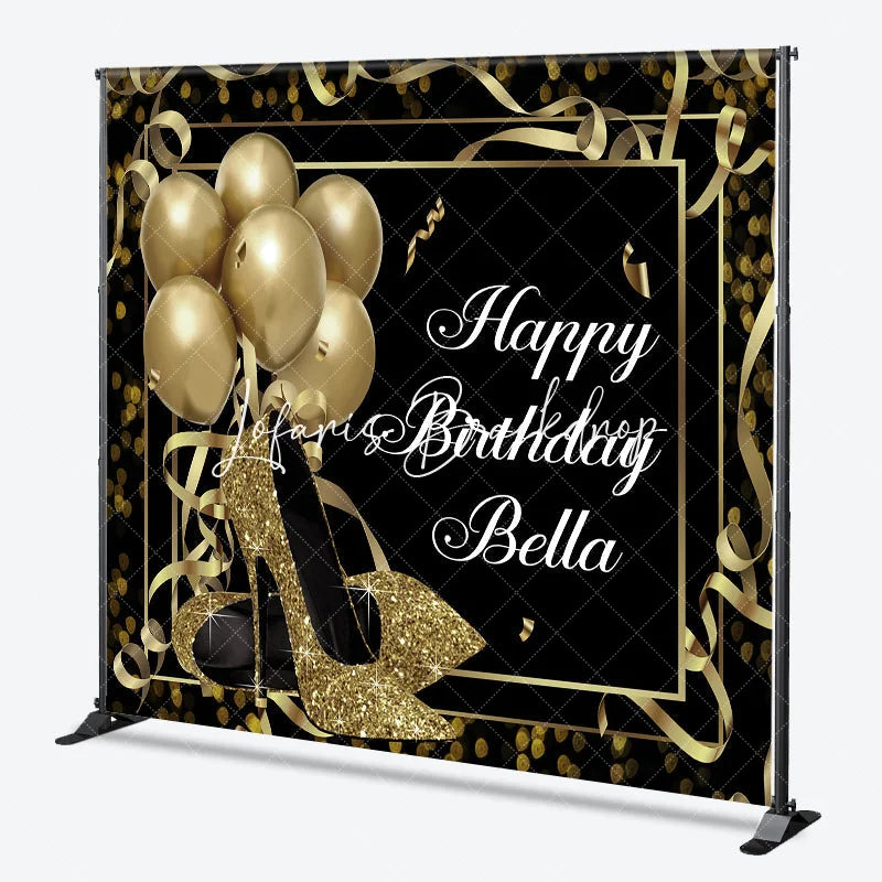 Lofaris Personalized Black and Gold Glitter High Heels Birthday Custom Backdrop Elegant Party Decor with Balloons
