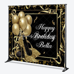Lofaris Personalized Black and Gold Glitter High Heels Birthday Custom Backdrop Elegant Party Decor with Balloons
