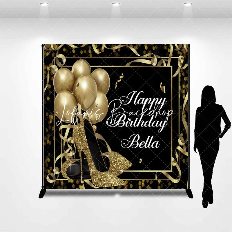 Lofaris Personalized Black and Gold Glitter High Heels Birthday Custom Backdrop Elegant Party Decor with Balloons