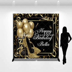 Lofaris Personalized Black and Gold Glitter High Heels Birthday Custom Backdrop Elegant Party Decor with Balloons