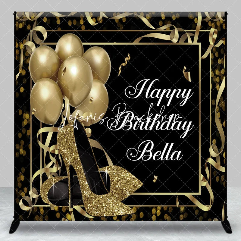 Lofaris Personalized Black and Gold Glitter High Heels Birthday Custom Backdrop Elegant Party Decor with Balloons